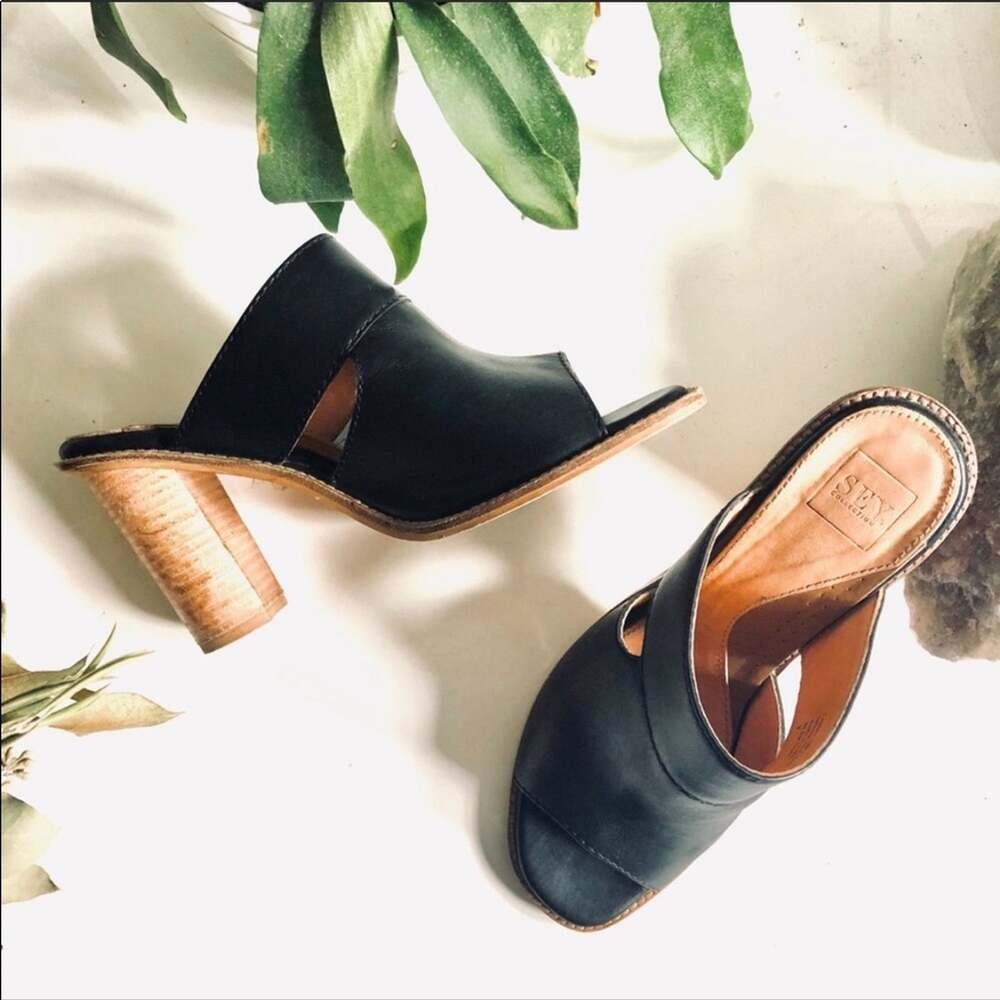 SEY Collection Black Tan Leather Mule Slide Open Toe Chunky Block Heel Shoes 9 - Picture 3 of 9
